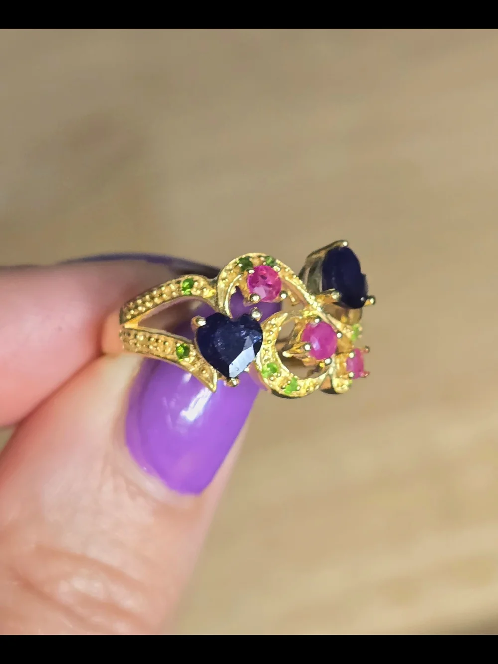 14k Gold Plated Silver Ring Blue Sapphire Hearts, Ruby, & Chrome Diopside Size 7